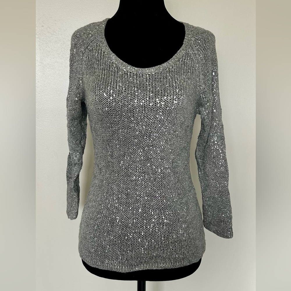 EILEEN FISHER Grey Linen Scoopneck Top 3/4 Sleeves with Silver Speckles - XS